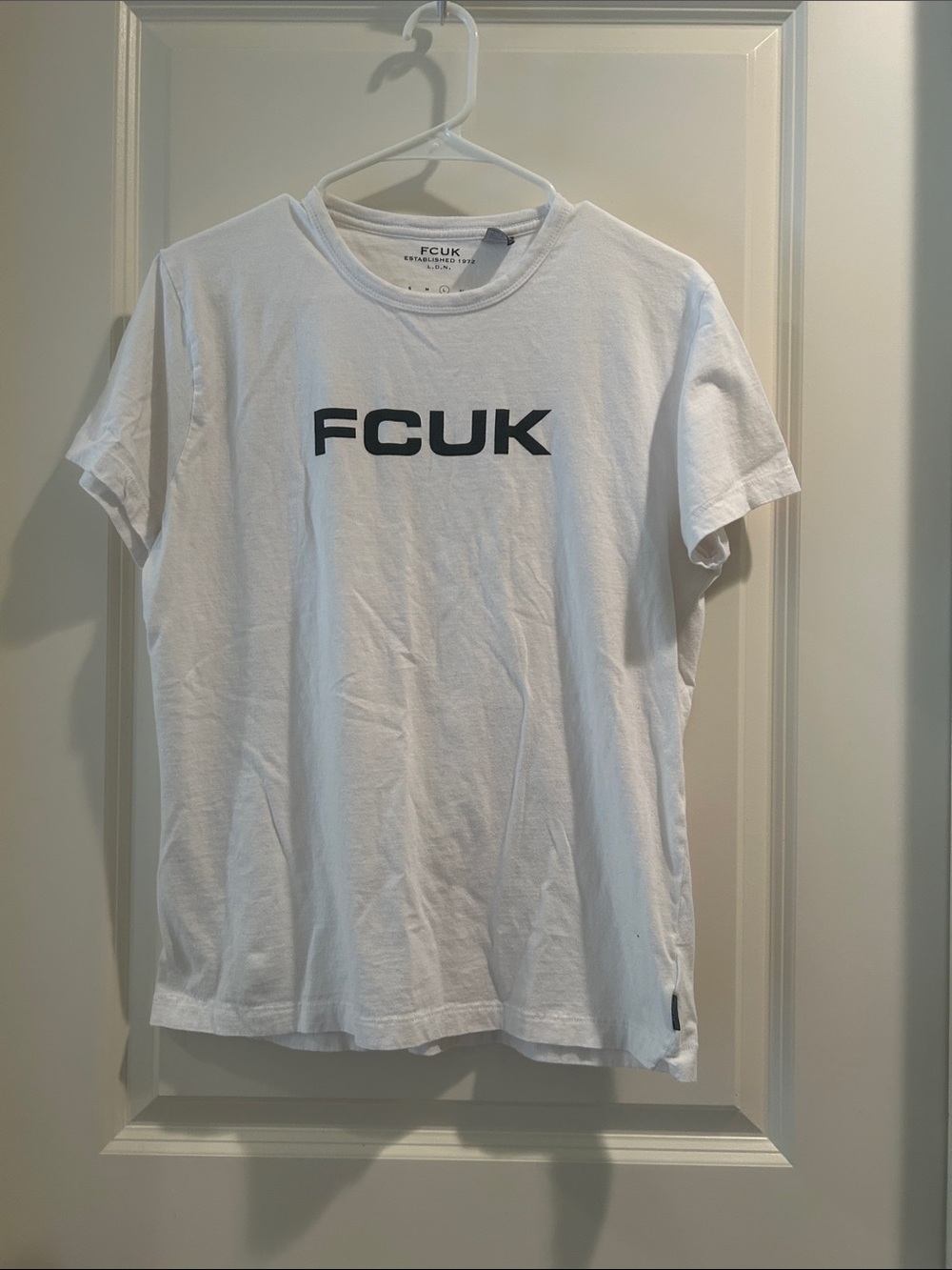French Connection FCUK Logo Print White Crewneck T-Shirt Tee short sleeve men L